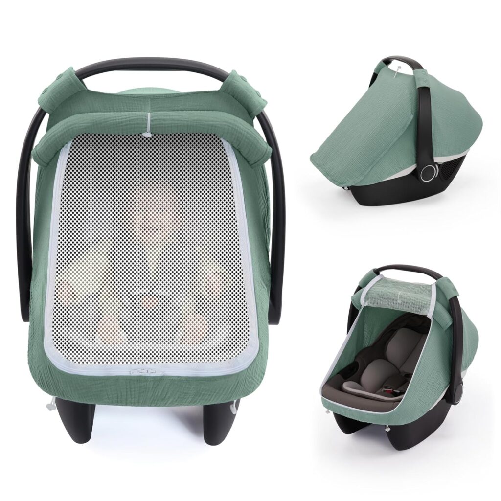 alt="Breathable cotton baby car seat cover with large mesh window, essential baby travel accessory 2025"