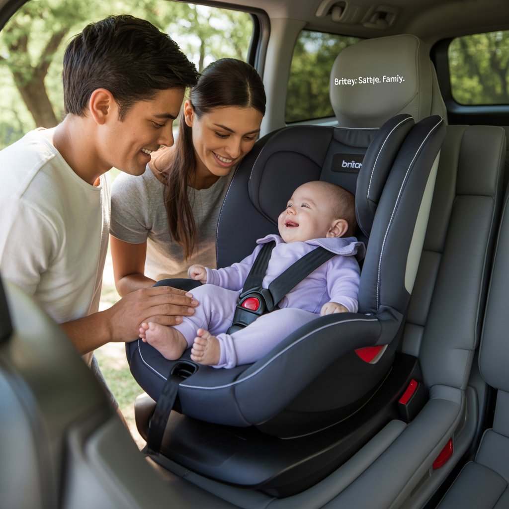 alt="Young parents securing baby in top-rated infant car seat inside SUV, safe and comfortable baby car seat USA 2025"