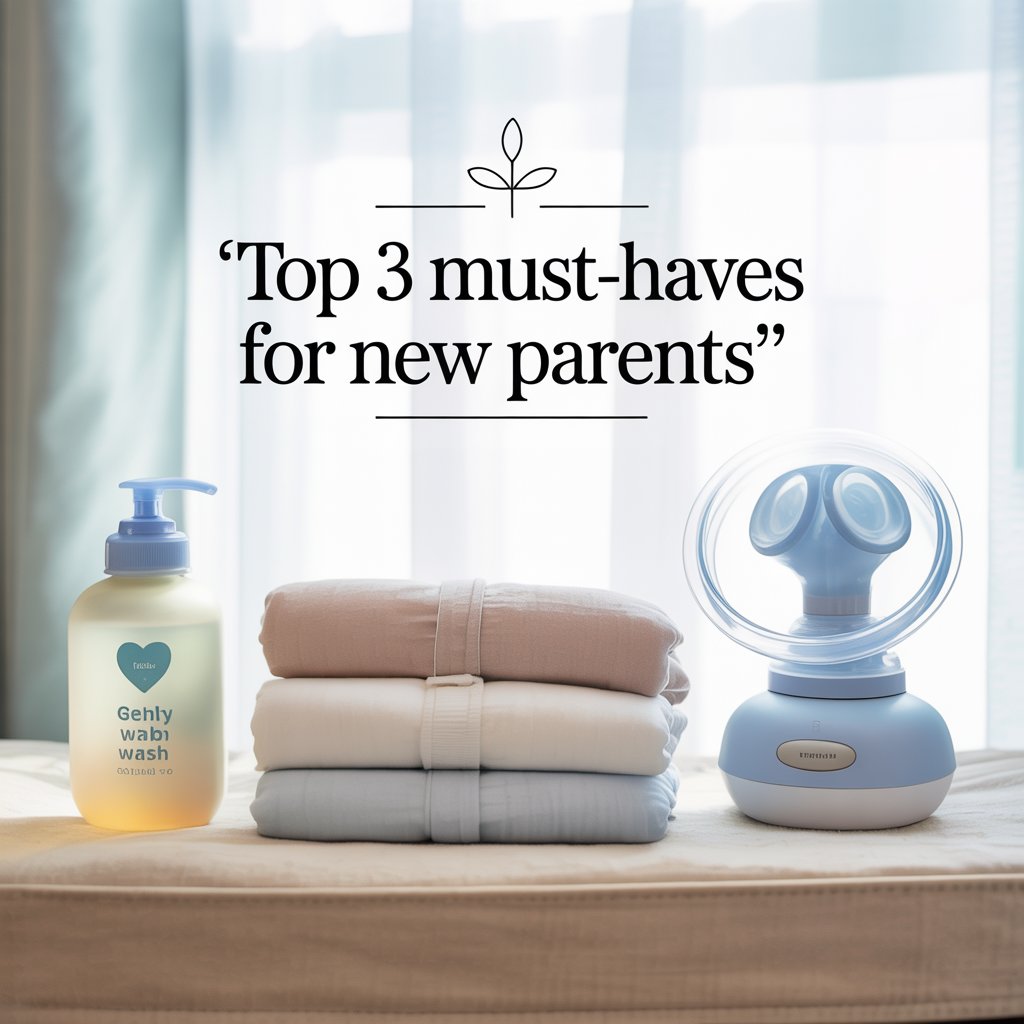 "Top 3 must-haves for new parents – baby wash, newborn swaddles, and breast pump arranged neatly on a table in soft pastel colors."