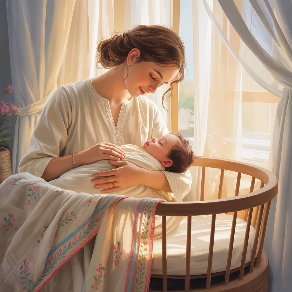 New mom with newborn baby at home, representing postpartum challenges and recovery with warmth and care.